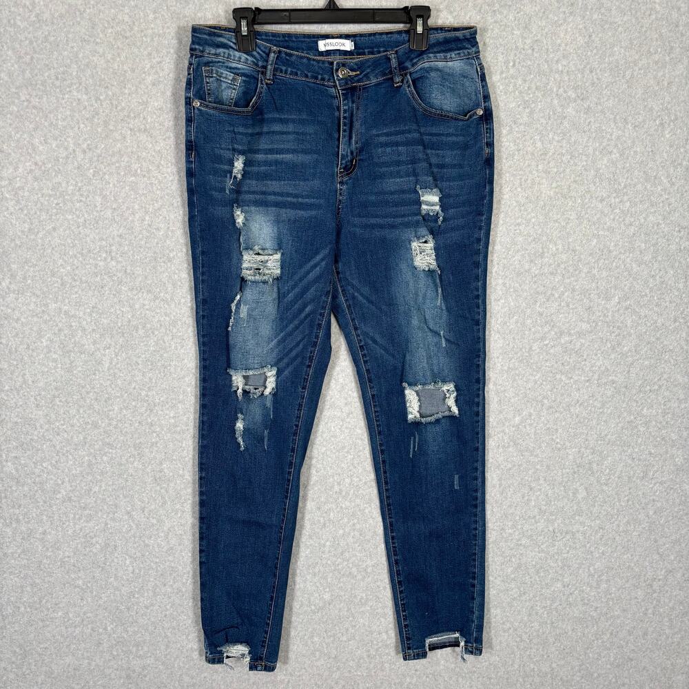 Misslook Jeans Womens XL Distressed Holes Thrashed Shark Bite Faded Ripped